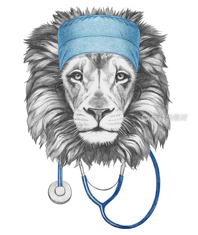 Portrait of Lion with doctor cap and stethoscope.